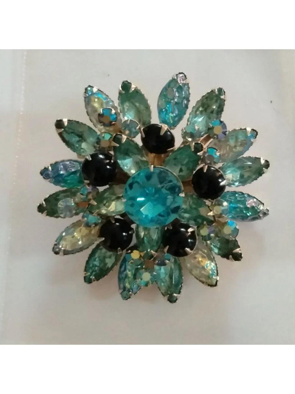 Blue Rhinestone Flower Brooch Aqua Marquise Lava Glass Black Vintage Statement